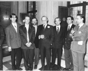 Study prize for best dissertation of the Erasmus Foundation (1989). Karel is on the right side, Pieter left of the middle; the man in the middle is Prince Bernhard, the father of Queen Beatrix.